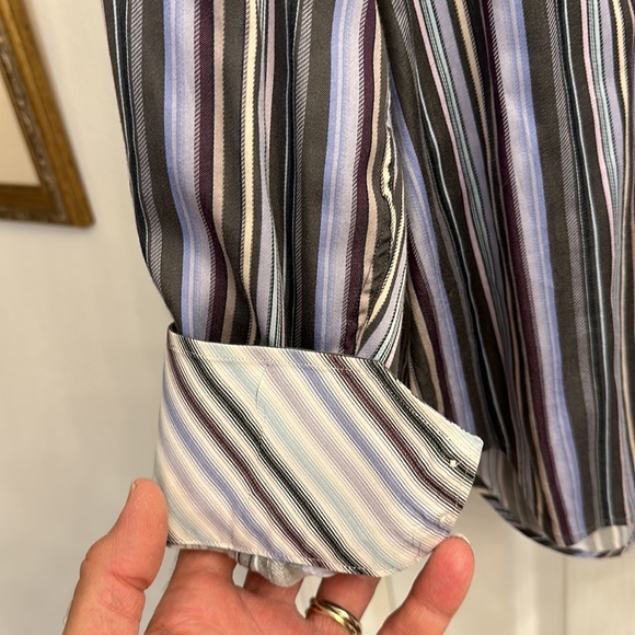 Thomas Dean button down.  EUC, large. Vertical stripes - purple and gray. - Picture 3 of 4